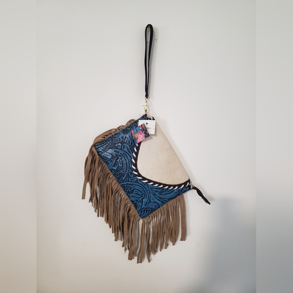 Western Elegant Blue and Tan Crossbody Bag with Fringe